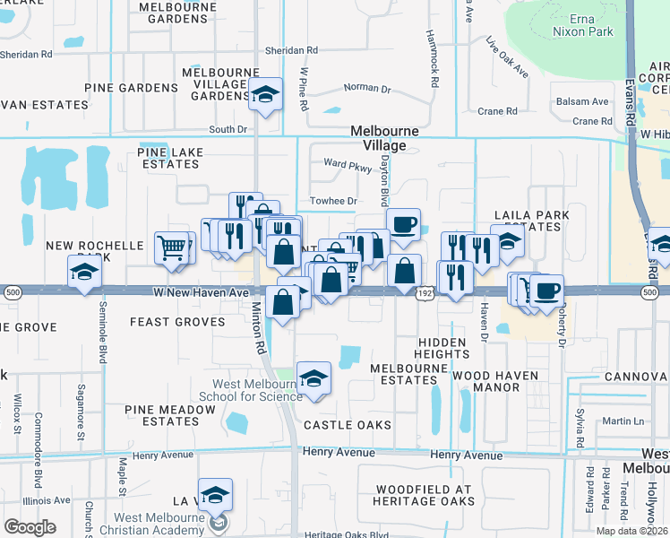 map of restaurants, bars, coffee shops, grocery stores, and more near 122 Laurel Oak Street in West Melbourne