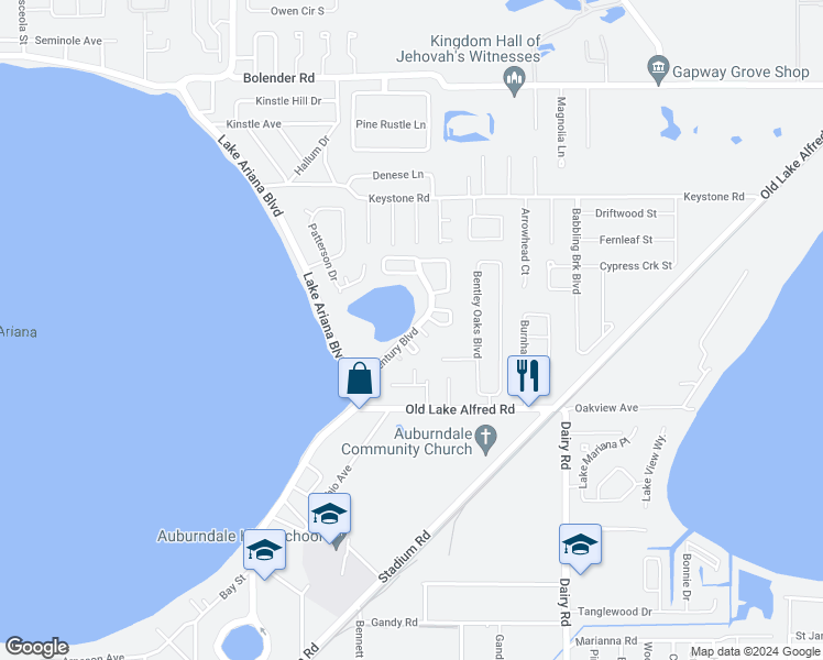 map of restaurants, bars, coffee shops, grocery stores, and more near 313 Century Boulevard in Auburndale