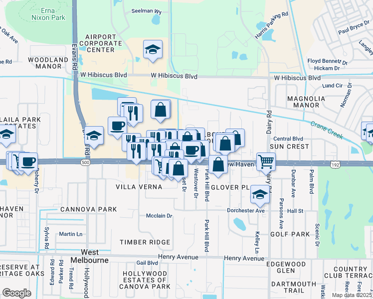 map of restaurants, bars, coffee shops, grocery stores, and more near 44 Piney Branch Way in Melbourne