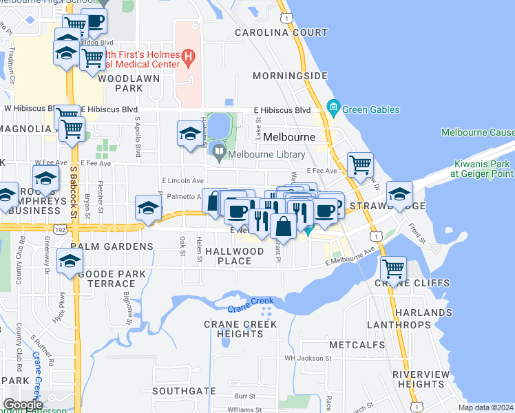 map of restaurants, bars, coffee shops, grocery stores, and more near 650 East Strawbridge Avenue in Melbourne