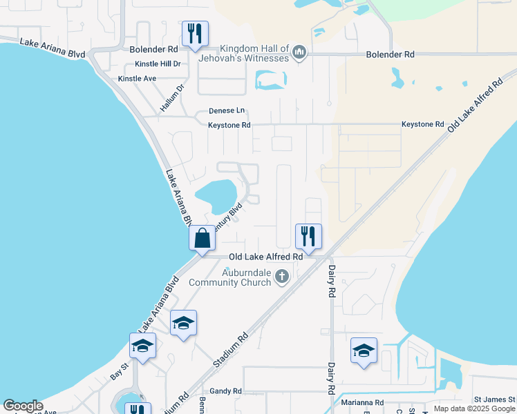 map of restaurants, bars, coffee shops, grocery stores, and more near 213 Lakeside Hills Loop in Auburndale