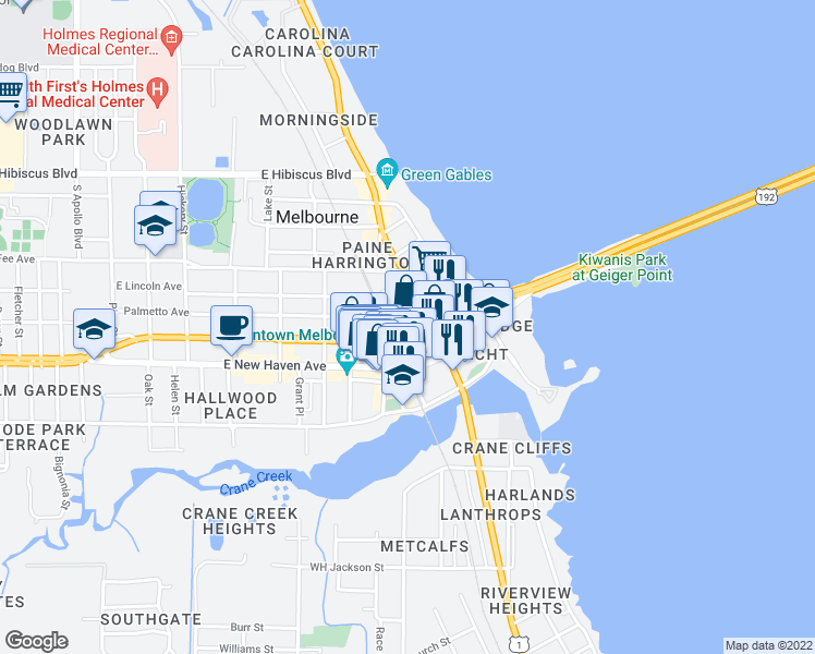 map of restaurants, bars, coffee shops, grocery stores, and more near 1008 East Strawbridge Avenue in Melbourne