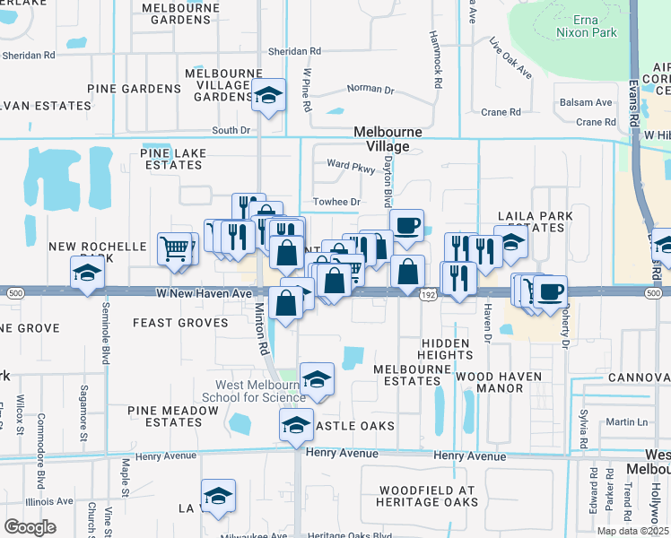 map of restaurants, bars, coffee shops, grocery stores, and more near 122 Laurel Oak Street in West Melbourne