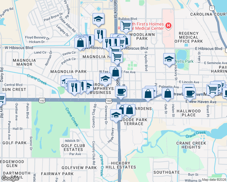 map of restaurants, bars, coffee shops, grocery stores, and more near 21 West Strawbridge Avenue in Melbourne