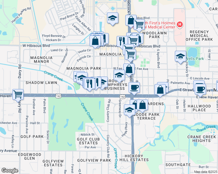 map of restaurants, bars, coffee shops, grocery stores, and more near 1915 South Park Avenue in Melbourne