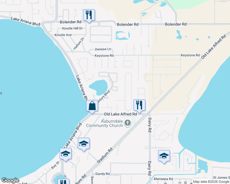 map of restaurants, bars, coffee shops, grocery stores, and more near 197 Lakeside Hills Loop in Auburndale