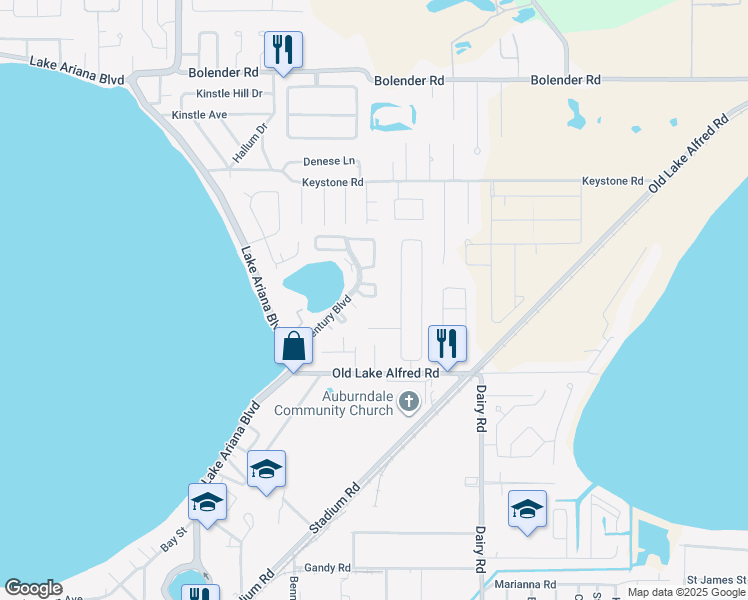 map of restaurants, bars, coffee shops, grocery stores, and more near 213 Lakeside Hills Loop in Auburndale