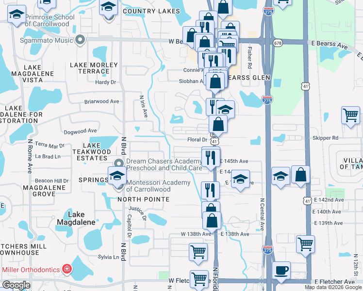 map of restaurants, bars, coffee shops, grocery stores, and more near 310 Floral Drive in Tampa