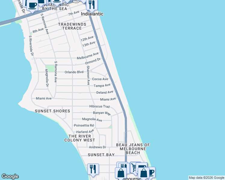 map of restaurants, bars, coffee shops, grocery stores, and more near 1515 Florida A1A in Indialantic