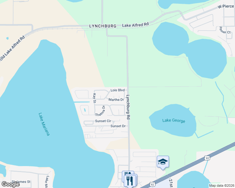 map of restaurants, bars, coffee shops, grocery stores, and more near 2505 Martha Way in Lake Alfred