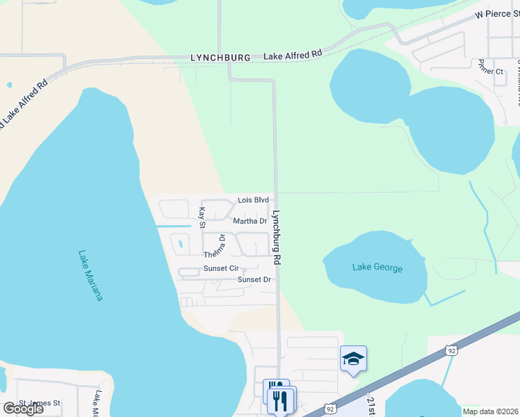 map of restaurants, bars, coffee shops, grocery stores, and more near 2505 Martha Way in Lake Alfred