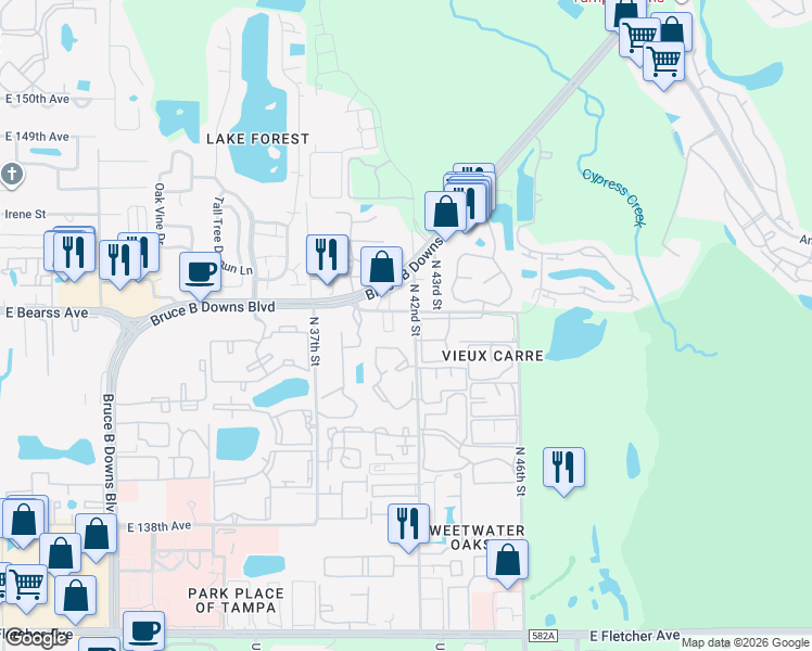 map of restaurants, bars, coffee shops, grocery stores, and more near 14530 North 42nd Street in Tampa
