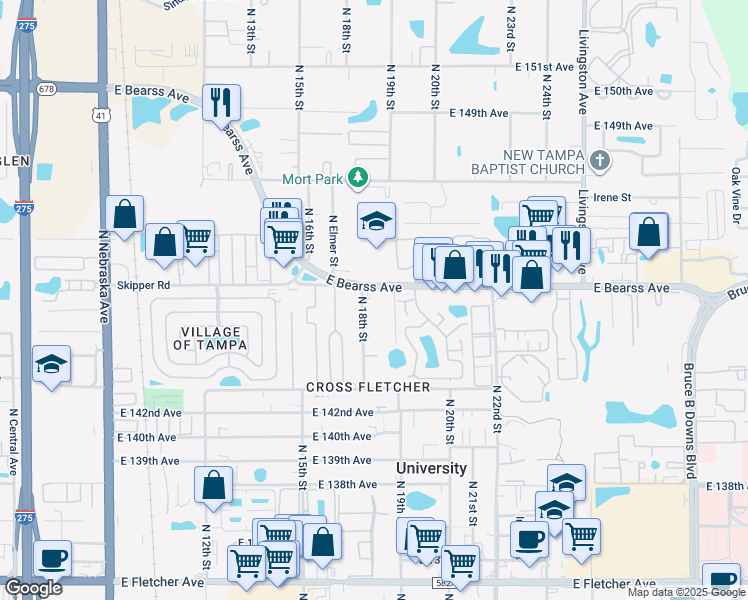 map of restaurants, bars, coffee shops, grocery stores, and more near 14513 North 18th Street in Tampa