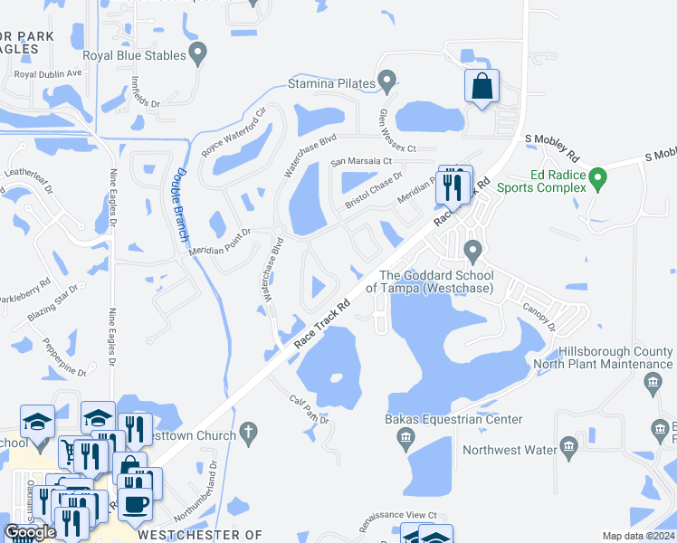 map of restaurants, bars, coffee shops, grocery stores, and more near 14607 Mirabelle Vista Circle in Tampa
