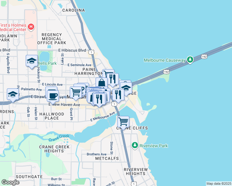 map of restaurants, bars, coffee shops, grocery stores, and more near 1219 East Strawbridge Avenue in Melbourne