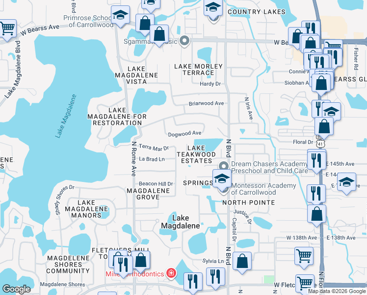 map of restaurants, bars, coffee shops, grocery stores, and more near 1108 Samy Drive in Tampa