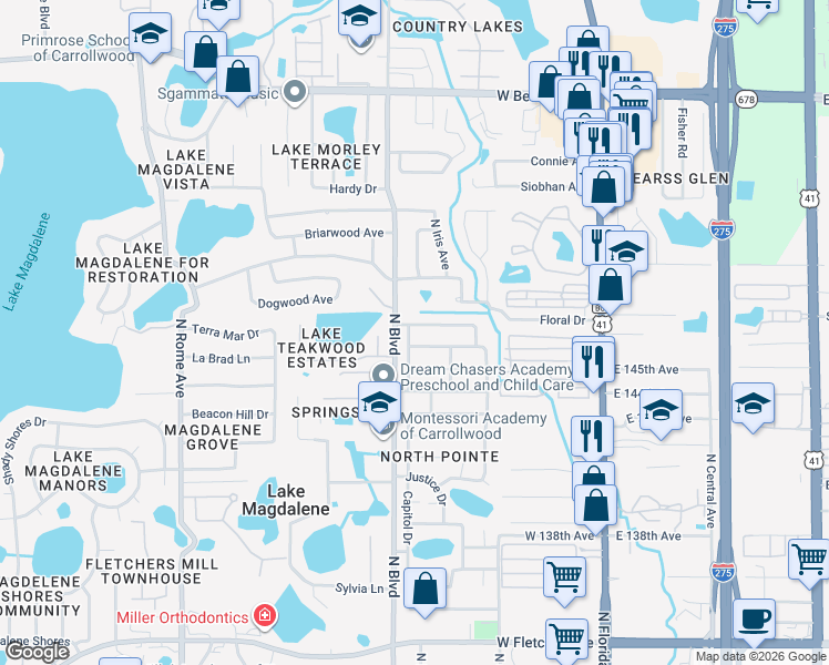 map of restaurants, bars, coffee shops, grocery stores, and more near 828 Ambassador Loop in Tampa