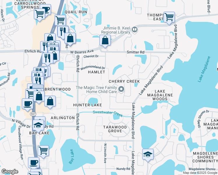 map of restaurants, bars, coffee shops, grocery stores, and more near 13912 Cherry Creek Drive in Tampa