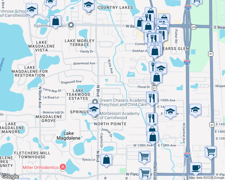 map of restaurants, bars, coffee shops, grocery stores, and more near 816 Ambassador Loop in Tampa