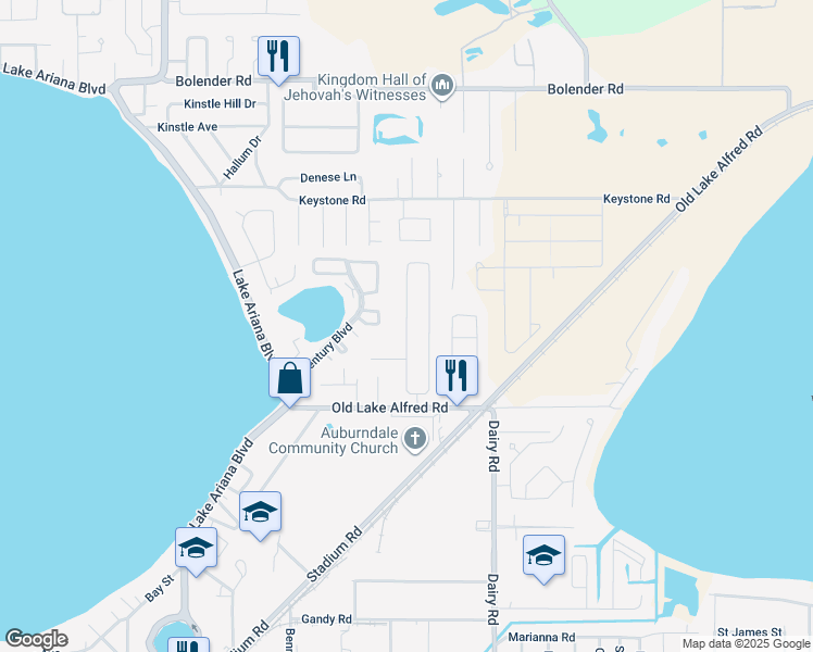 map of restaurants, bars, coffee shops, grocery stores, and more near 276 Bentley Oaks Boulevard in Auburndale