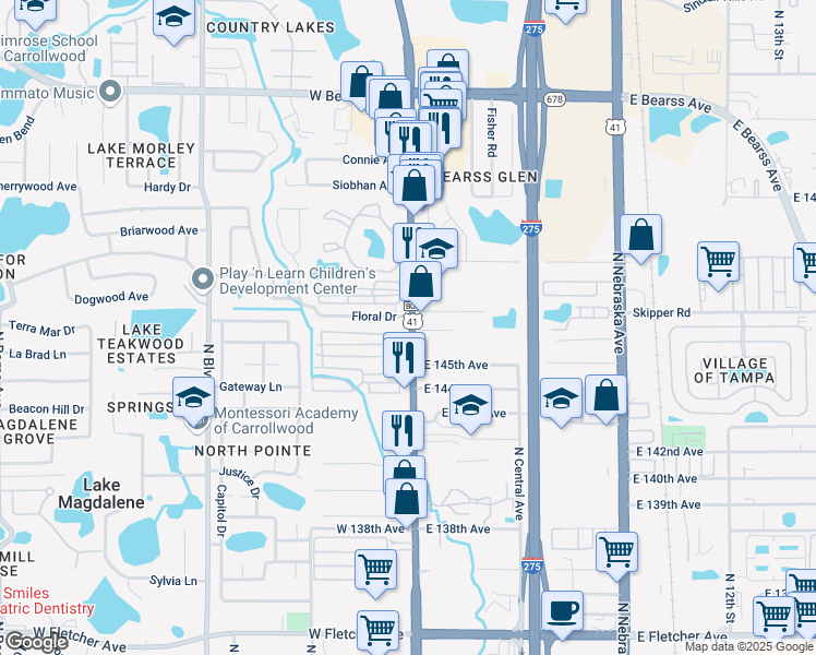 map of restaurants, bars, coffee shops, grocery stores, and more near 245 Palm Drive in Tampa
