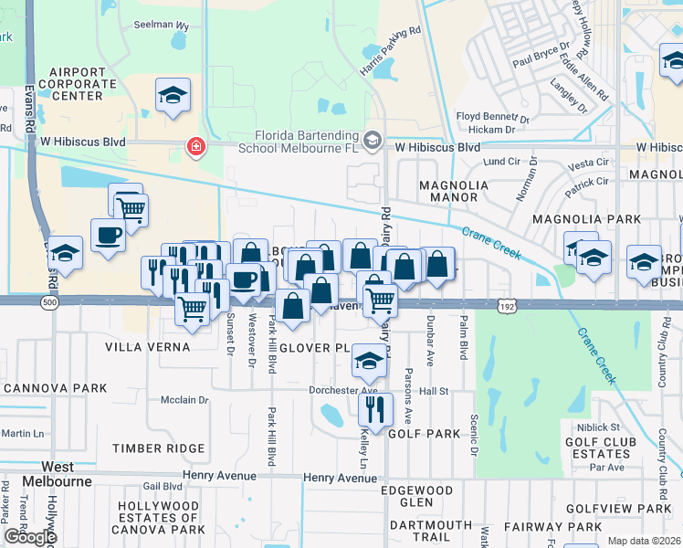 map of restaurants, bars, coffee shops, grocery stores, and more near 58 Northwest Shannon Avenue in Melbourne