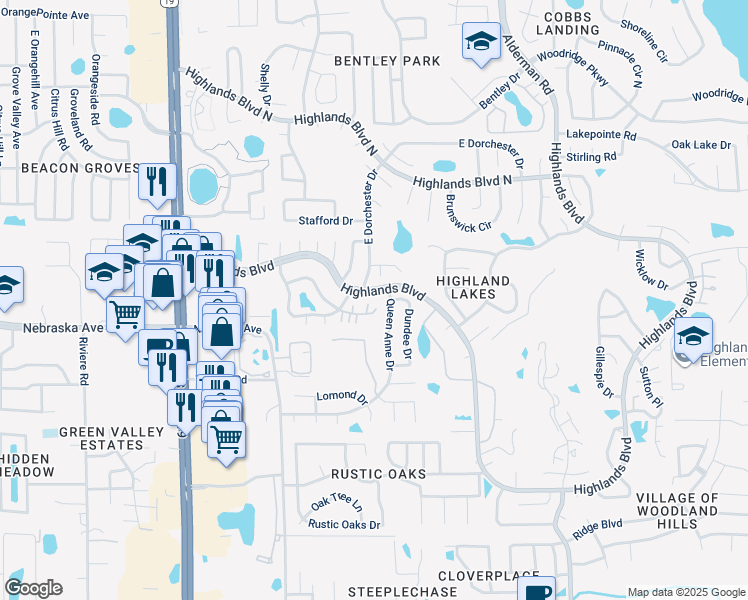 map of restaurants, bars, coffee shops, grocery stores, and more near 2850 Highlands Boulevard in Palm Harbor