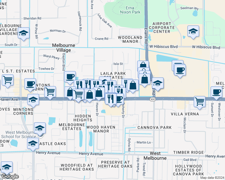 map of restaurants, bars, coffee shops, grocery stores, and more near 90 East Laila Drive in Melbourne