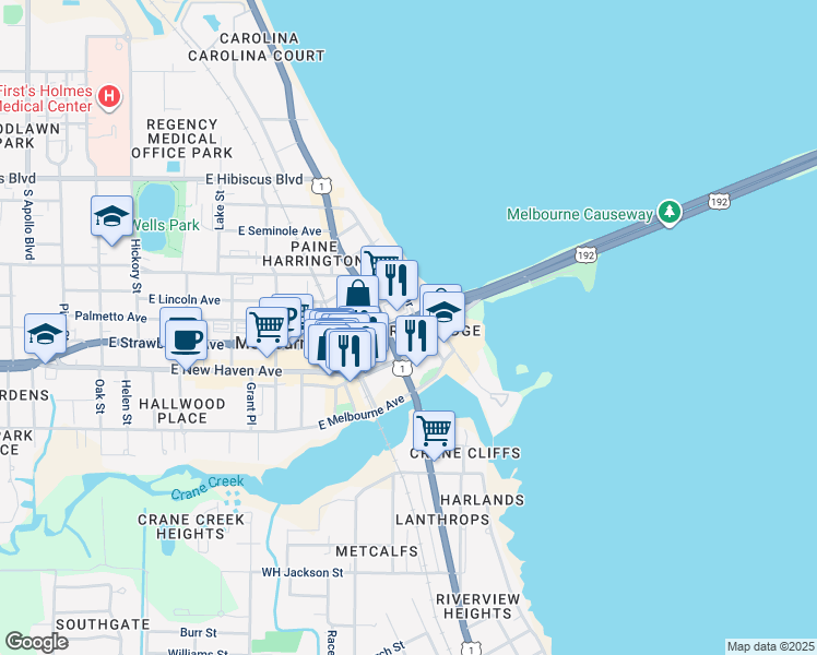map of restaurants, bars, coffee shops, grocery stores, and more near 1219 East Strawbridge Avenue in Melbourne