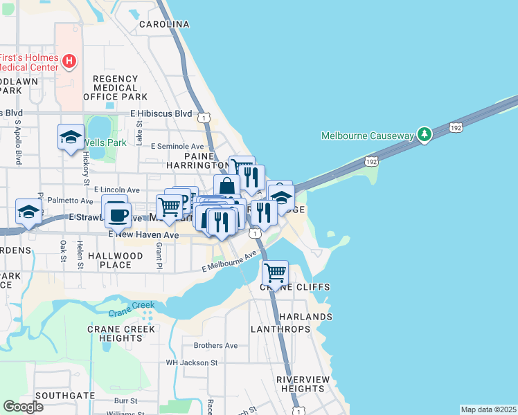 map of restaurants, bars, coffee shops, grocery stores, and more near 1219 East Strawbridge Avenue in Melbourne