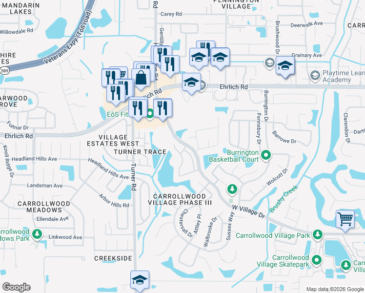 map of restaurants, bars, coffee shops, grocery stores, and more near 14114 Beauville Court in Tampa