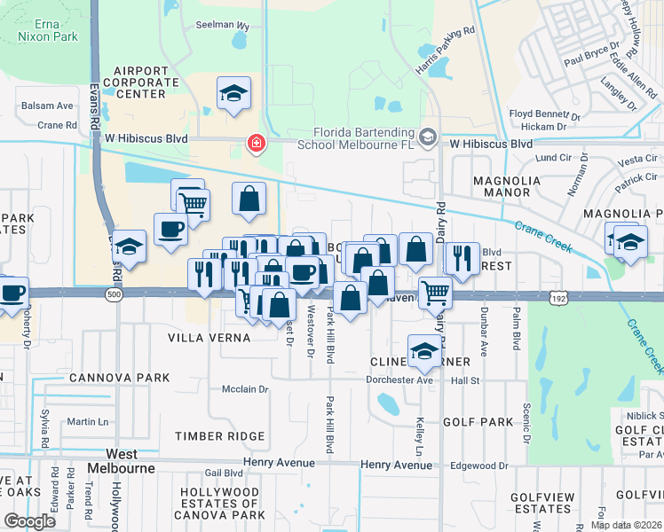 map of restaurants, bars, coffee shops, grocery stores, and more near 52 West Court in West Melbourne