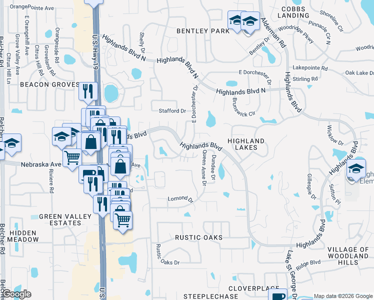 map of restaurants, bars, coffee shops, grocery stores, and more near 2850 Highlands Boulevard in Palm Harbor
