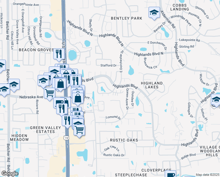map of restaurants, bars, coffee shops, grocery stores, and more near 2743 Whitebridge Drive in Palm Harbor