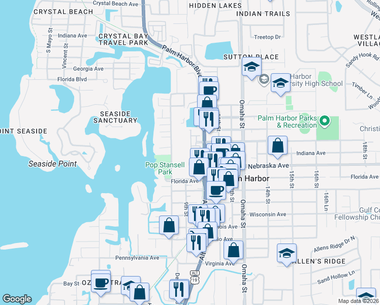 map of restaurants, bars, coffee shops, grocery stores, and more near 1304 Ribolla Drive in Palm Harbor