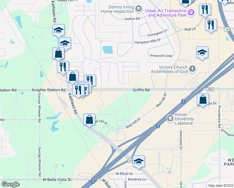 map of restaurants, bars, coffee shops, grocery stores, and more near 1906 Griffin Road in Lakeland