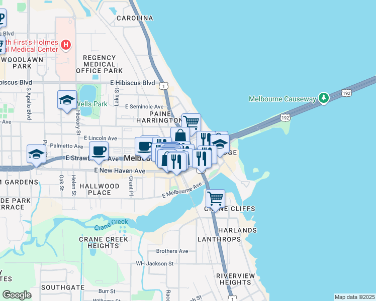 map of restaurants, bars, coffee shops, grocery stores, and more near 1824 South Harbor City Boulevard in Melbourne