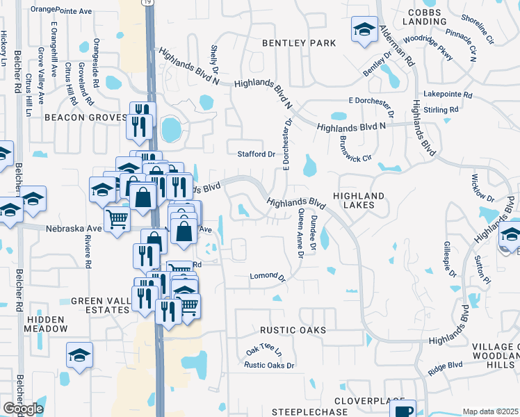 map of restaurants, bars, coffee shops, grocery stores, and more near 2743 Whitebridge Drive in Palm Harbor
