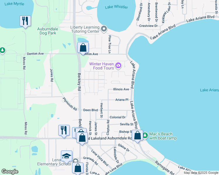 map of restaurants, bars, coffee shops, grocery stores, and more near 128 Illinois Avenue in Auburndale