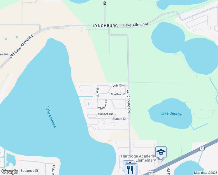 map of restaurants, bars, coffee shops, grocery stores, and more near 2129 Lois Boulevard in Lake Alfred