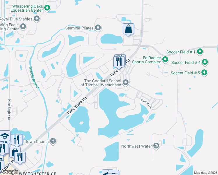 map of restaurants, bars, coffee shops, grocery stores, and more near 11772 Casa Lago Lane in Westchase