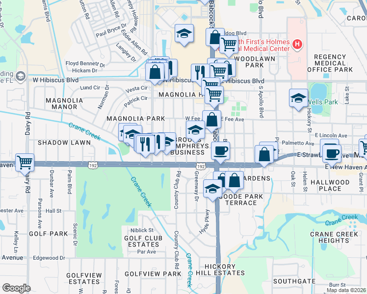map of restaurants, bars, coffee shops, grocery stores, and more near 1915 South Park Avenue in Melbourne