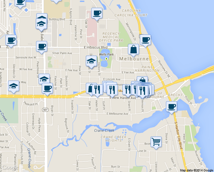 map of restaurants, bars, coffee shops, grocery stores, and more near 525 Palmetto Avenue in Melbourne