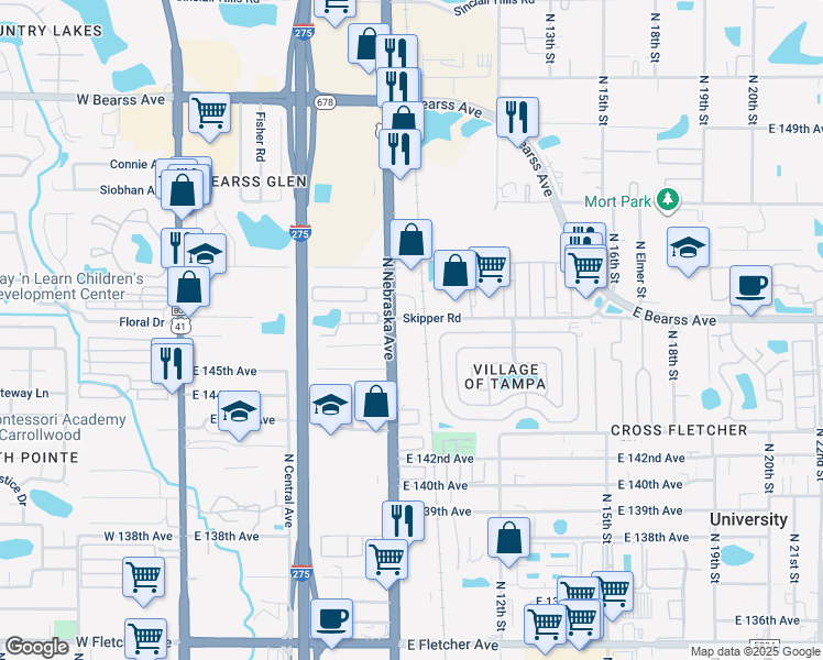 map of restaurants, bars, coffee shops, grocery stores, and more near 911 Skipper Road in Tampa