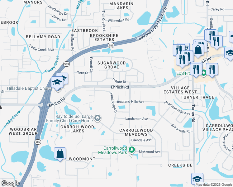 map of restaurants, bars, coffee shops, grocery stores, and more near 14510 Mainland Greens Place in Tampa