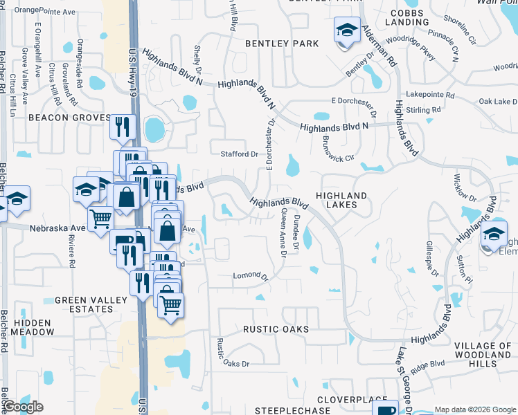 map of restaurants, bars, coffee shops, grocery stores, and more near 2842 Highlands Boulevard in Palm Harbor