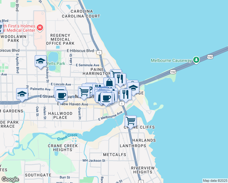 map of restaurants, bars, coffee shops, grocery stores, and more near 1824 South Harbor City Boulevard in Melbourne