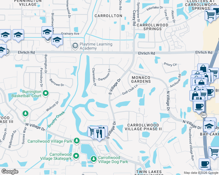 map of restaurants, bars, coffee shops, grocery stores, and more near 14201 Ashburn Place in Tampa