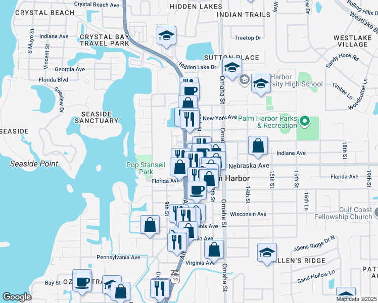 map of restaurants, bars, coffee shops, grocery stores, and more near 1003 Indiana Avenue in Palm Harbor