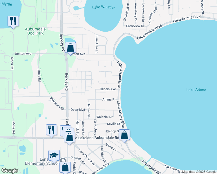 map of restaurants, bars, coffee shops, grocery stores, and more near 110 Illinois Avenue in Auburndale